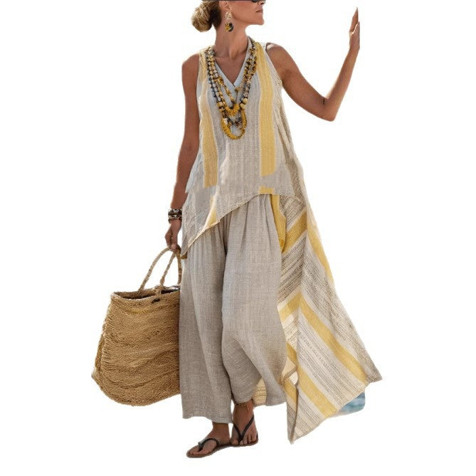 Fashionable Casual Dopamine Holiday-Style Petite Linen Two-Piece Set