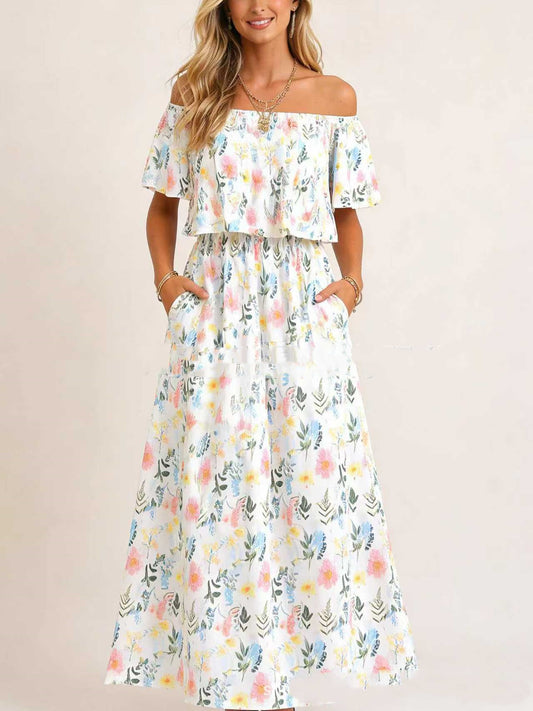 Printed Off-shoulder Short-sleeve Maxi Dress