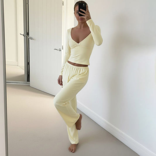 Simple Casual Suit Deep Slim Long Sleeve Low Waist Bootcut Trousers Women's Clothing