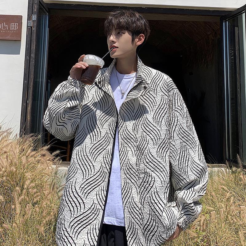 Personality Dark Crumpled Texture Striped Large Size Stand Collar Jacket