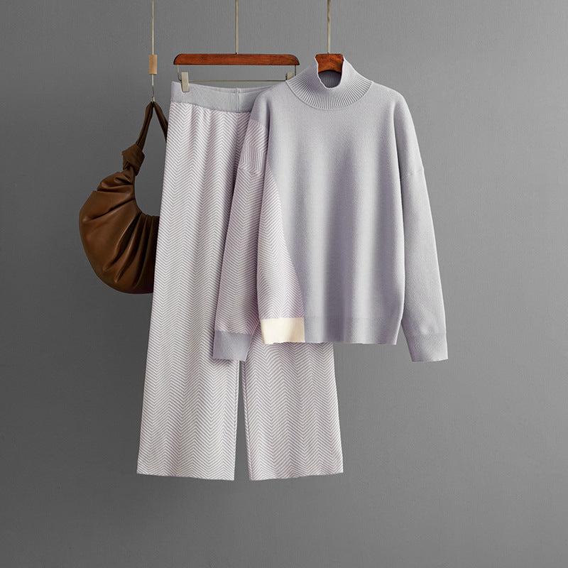 Half Turtleneck Loose Knitted Top Wide Leg Pants Two-piece Set