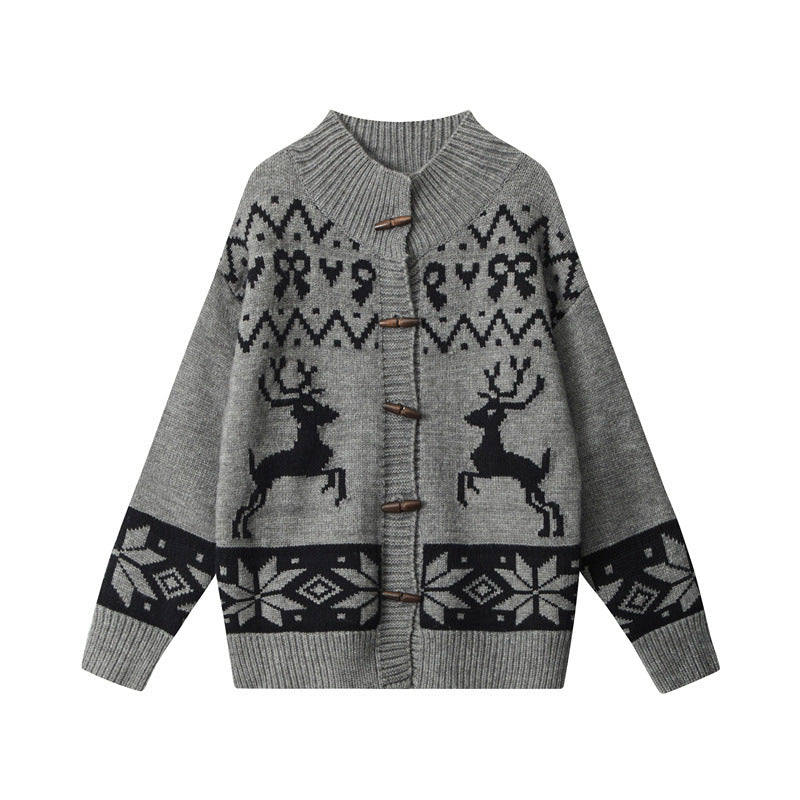 Loose Knitted Jacquard Horn Button Retro Women's Cardigan Sweater