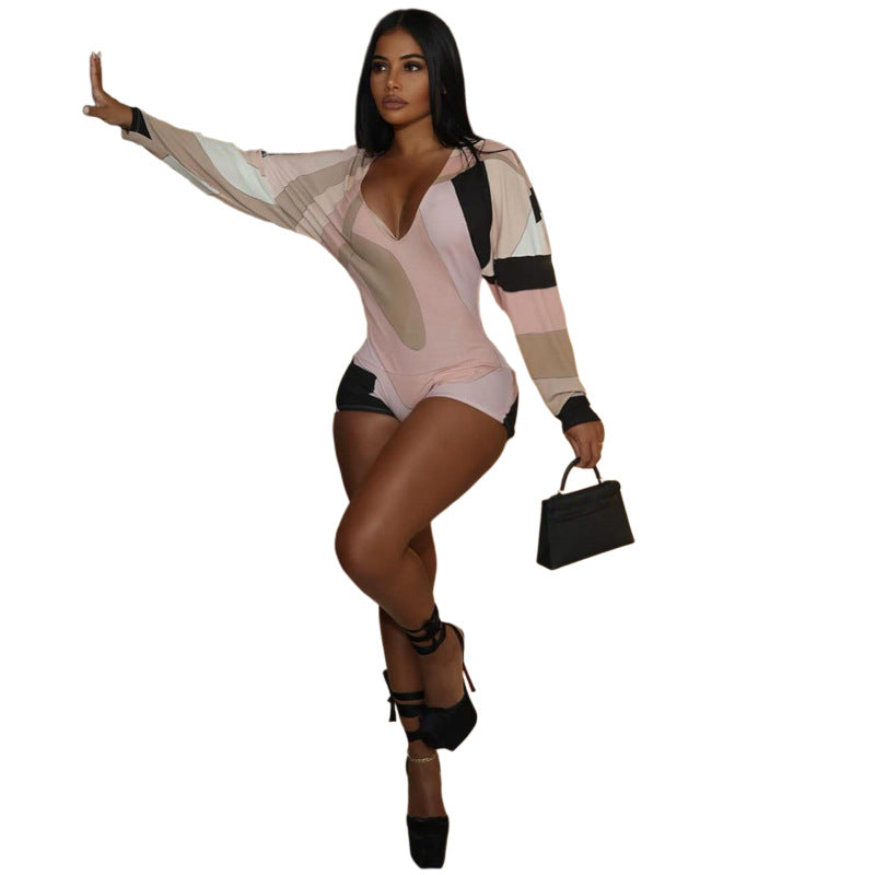 Deep V-neck Fashionable Long-sleeved Color-blocked Sexy Jumpsuit