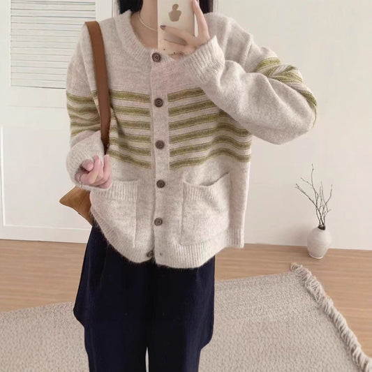 Vintage Stripe Versatile Knitted Cardigan Korean Style