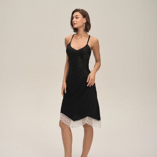 Solid-color Satin Patchwork Lace Backless Camisole Pajamas