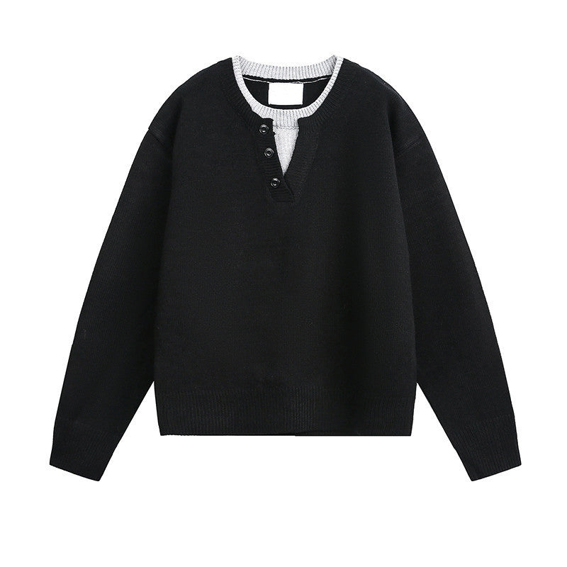 American Retro Color Block Contrast V-neck Sweater