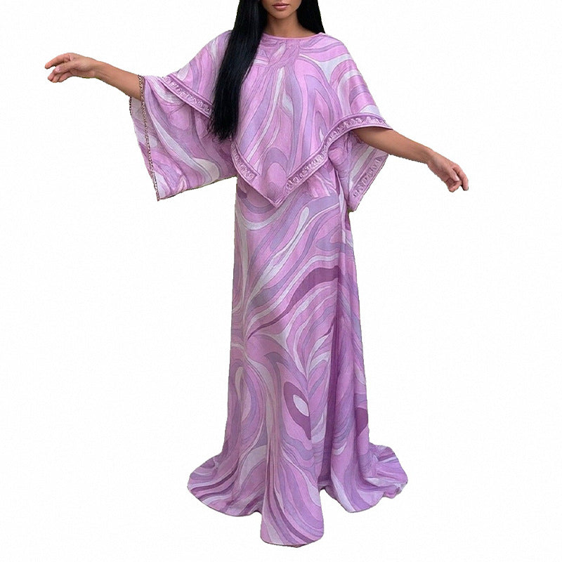 Womens Stylish Versatile Contrasting-Color Printed Irregular Long Skirt Set