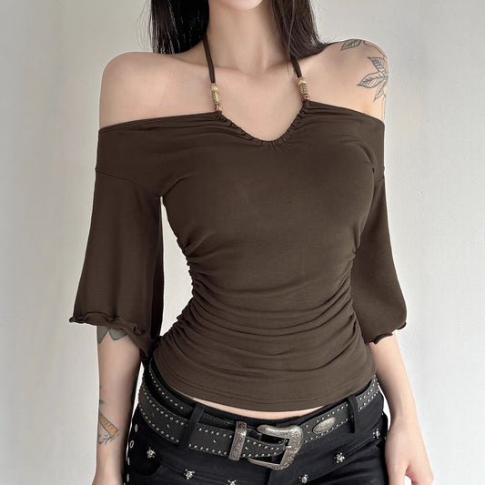 American-style Vintage Off-shoulder Figure-hugging Beaded Halter Womens Blouse