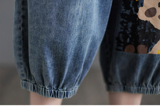 Retro Plus Size Cartoon Alder Reduktion Pige Print Denim