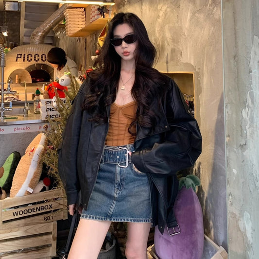 Black Vintage Biker-style Lapel PU Leather Jacket