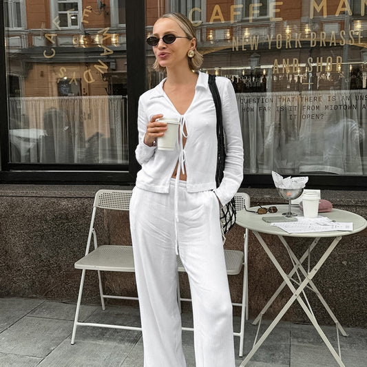 Fashion White Tie-front Cardigan Wide-leg Pants