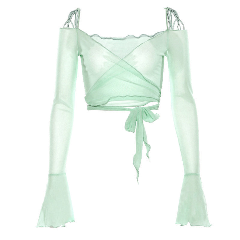 Mesh See-through Flare Sleeve Top For Women
