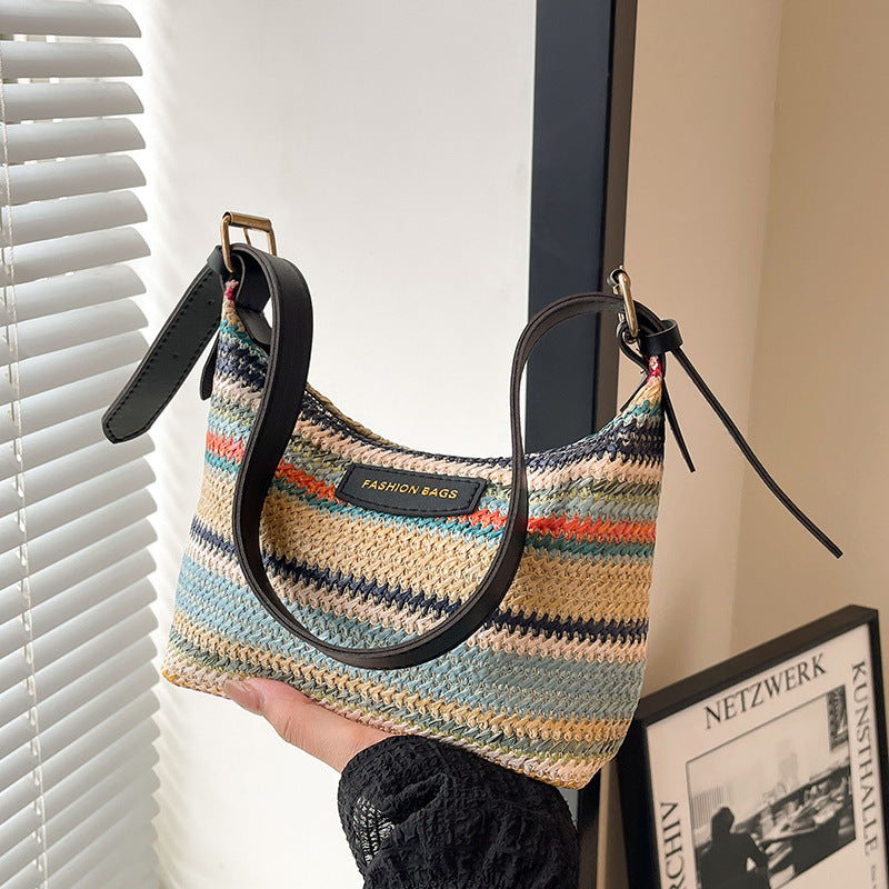 Fashion Color Contrast Woven Bag Women's Simple Shoulder Bag