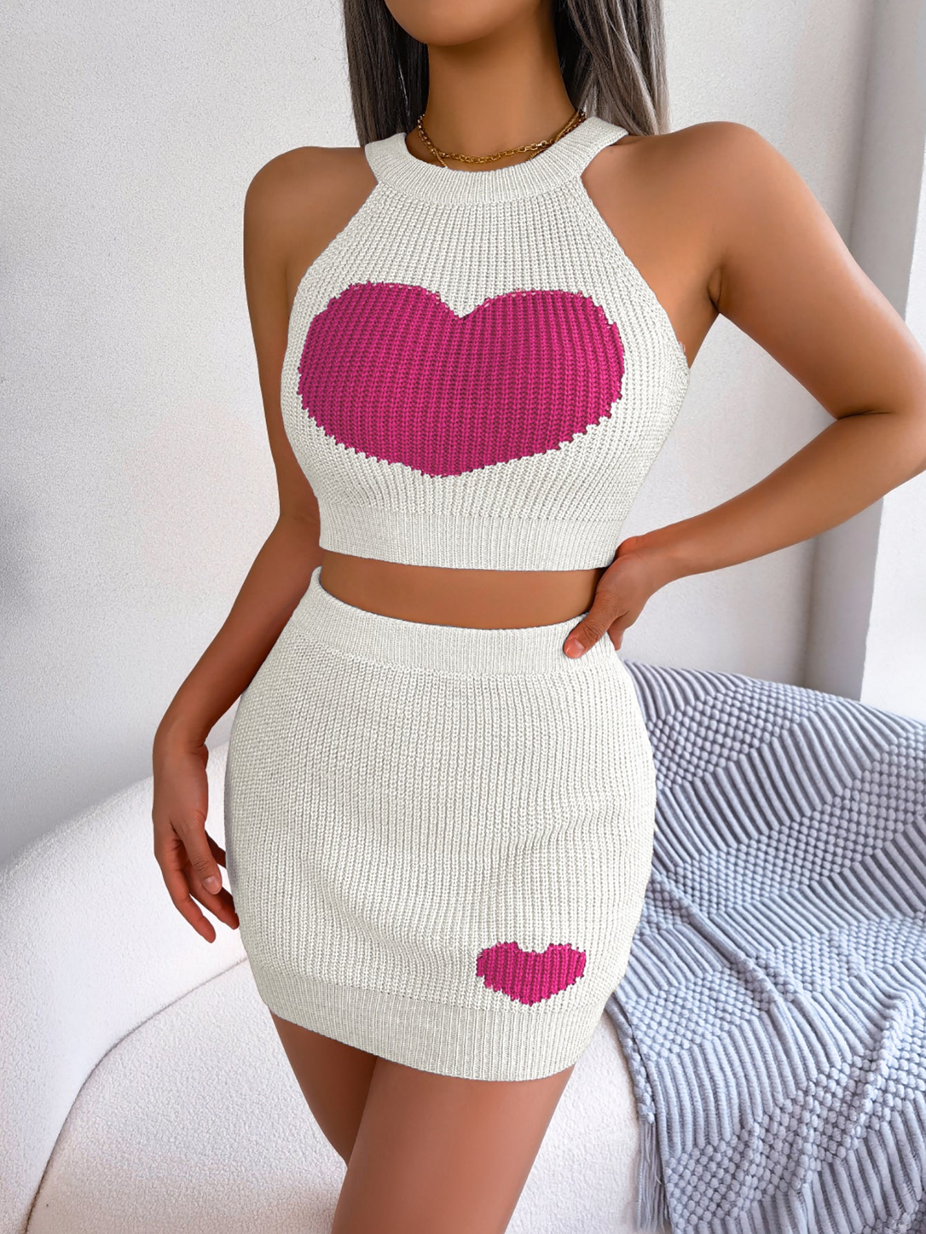 Women Casual Color Block Heart Cropped Top & Bodycon Skirt Knit Set
