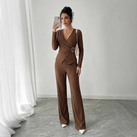 Womens Solid-Color V-Neck Cross-Over Long-Sleeve T-Shirt And Pants Set