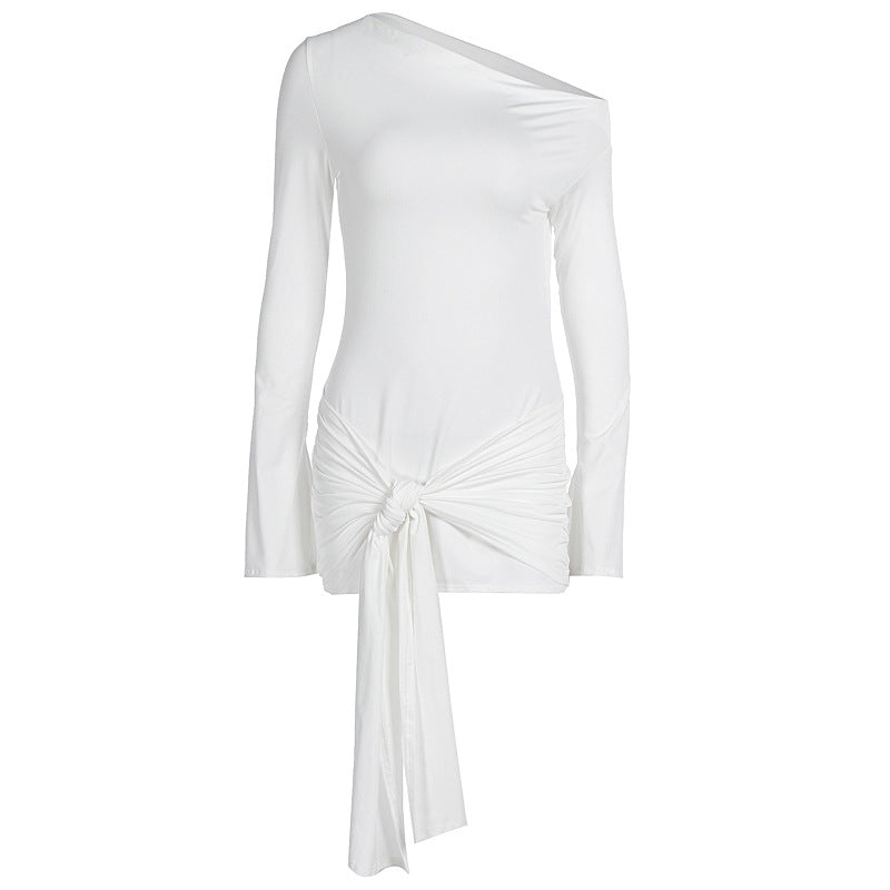 Elegant And Fashionable Solid-color Womens Off-shoulder Waist-cinching Dress