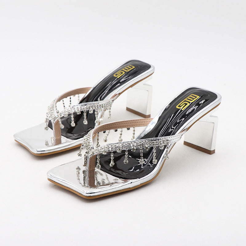 Square Toe Rhinestone High-heeled Outdoor Women's Fashionable Chunky Heel Plus Size Sandals