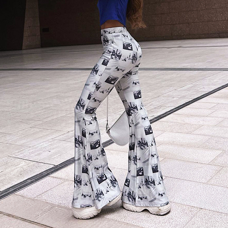 New Printed Mid Waist Micro Stretch Trousers