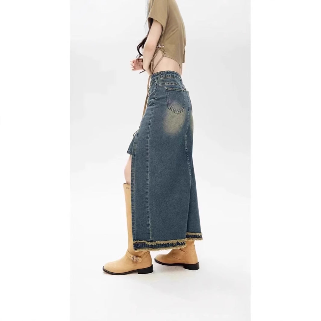 Women's Retro Lace Up High Waist Denim Skirt