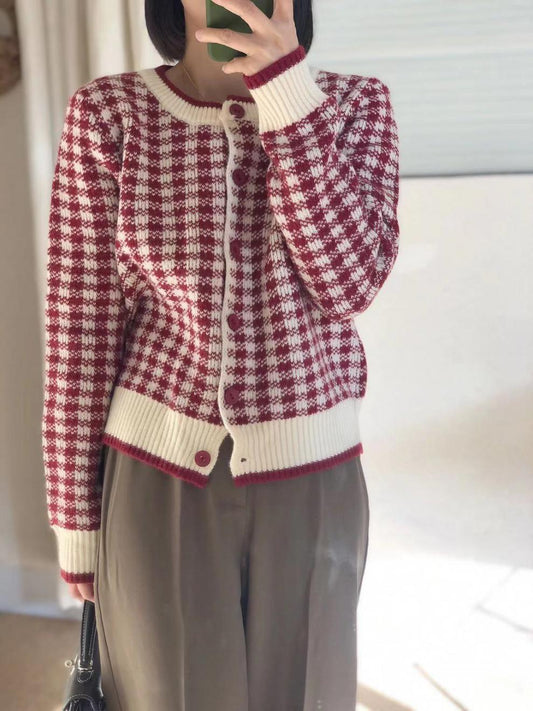 Vintage Simple Contrast Round Neck Plaid Knit Coat