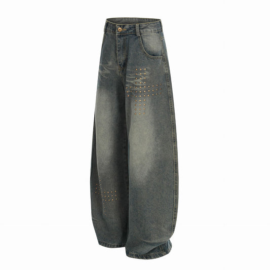 American-style Rivet-deconstructed Distressed Washed Denim Jeans
