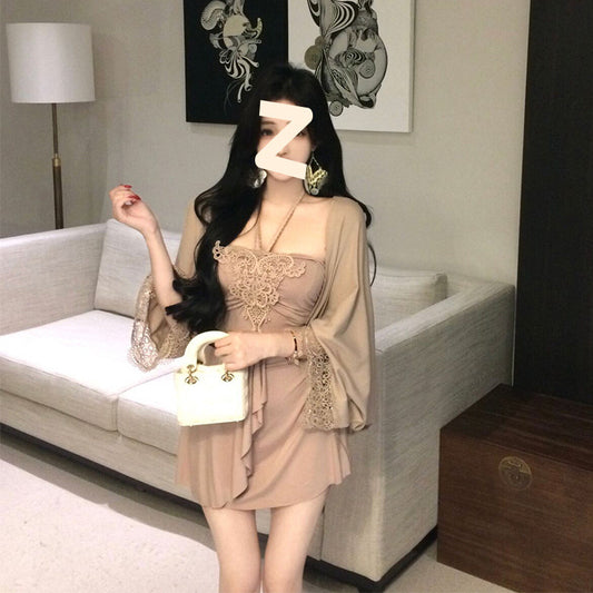 Fashionable Light Luxury Sexy Pure Desire Slim Dress With Shawl Set