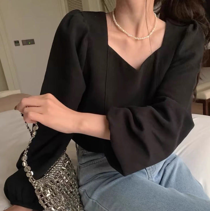 Womens Solid-Color V-Neck Backless Tie-Up Bow Loose All-Match Top