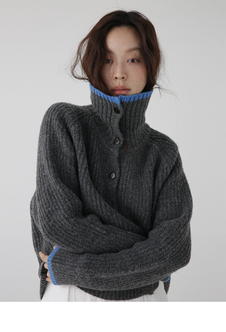 Color Blocking Collar Single Breasted Wool Knitted Cardigan Jacket