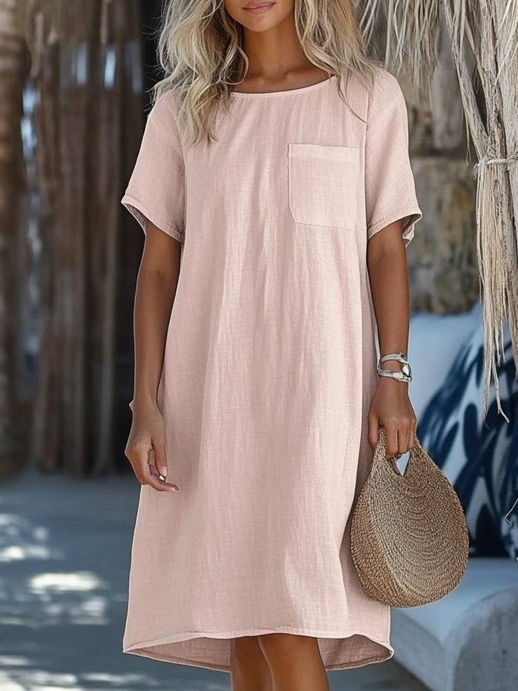New Womens Casual Solid-color Multi-color Short-sleeve Crew-neck Pocket Dress