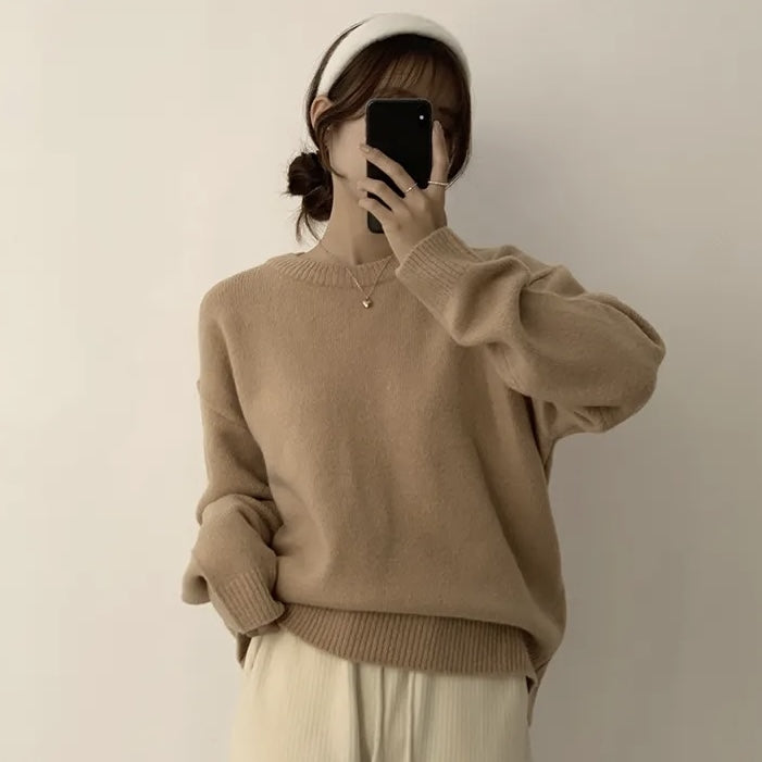 Red Sweater Round Neck Pullover Pure Color Minimal Versatile Sweater