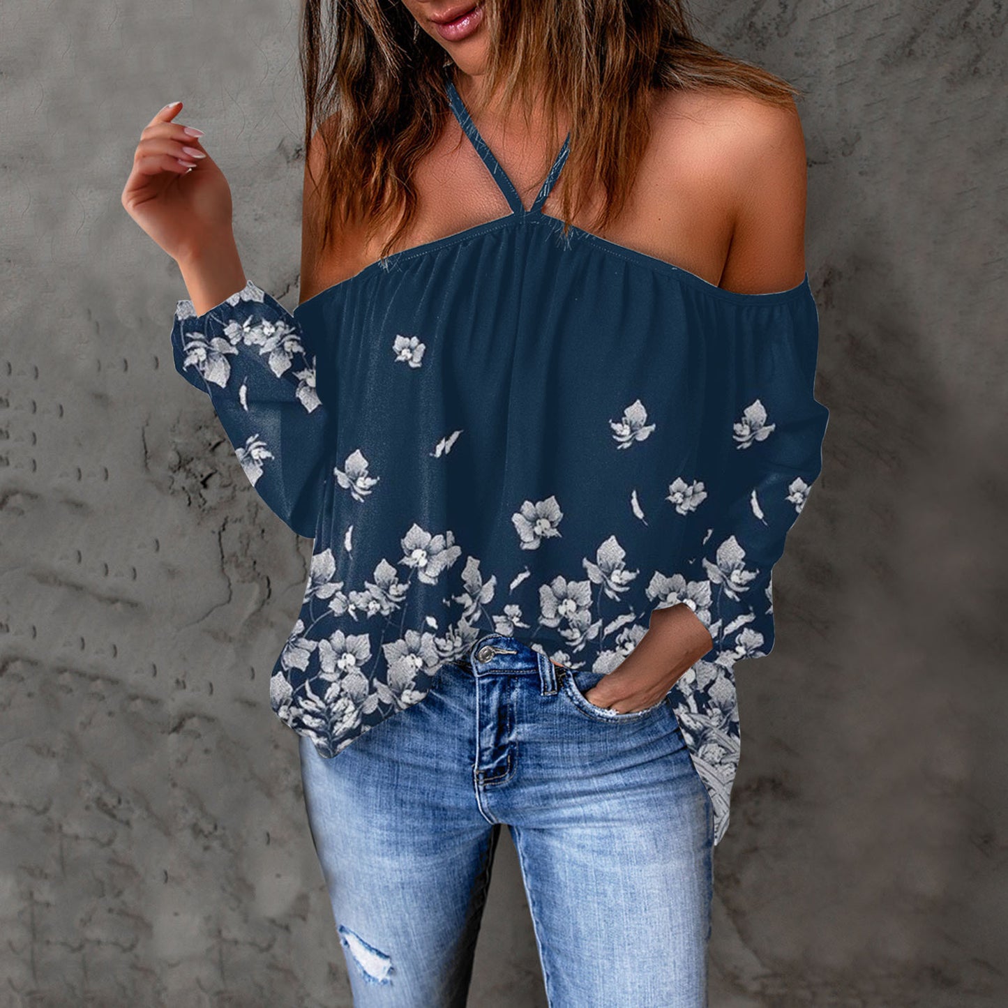 Long-Sleeve Top Arrival Loose T-Shirt With A Strappy Neck Design And Print Pattern