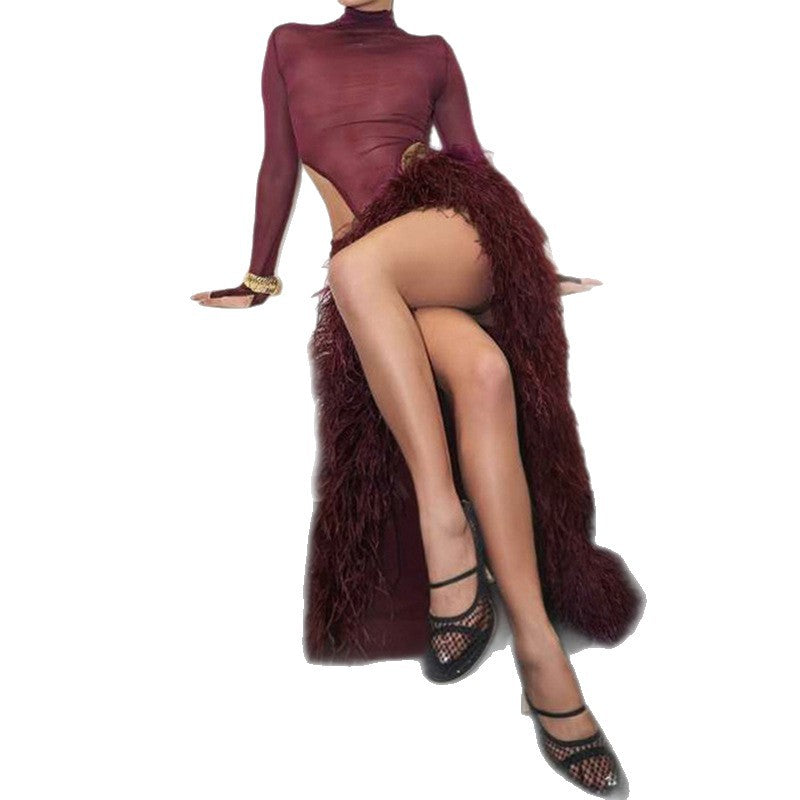 Damesæt med bodycon-bodysuit i mesh med høj hals og gennemsigtig slidsnederdel