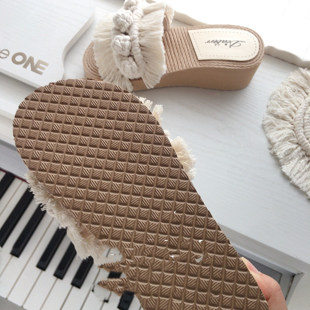 Hjemme- og ude-slippers med tyk sål i etnisk stil af bomuldsreb