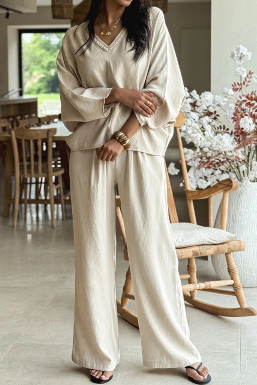 V-hals Langærmet Løs Top Og Højtaljede Bukser Med Snøre To-delt Sæt