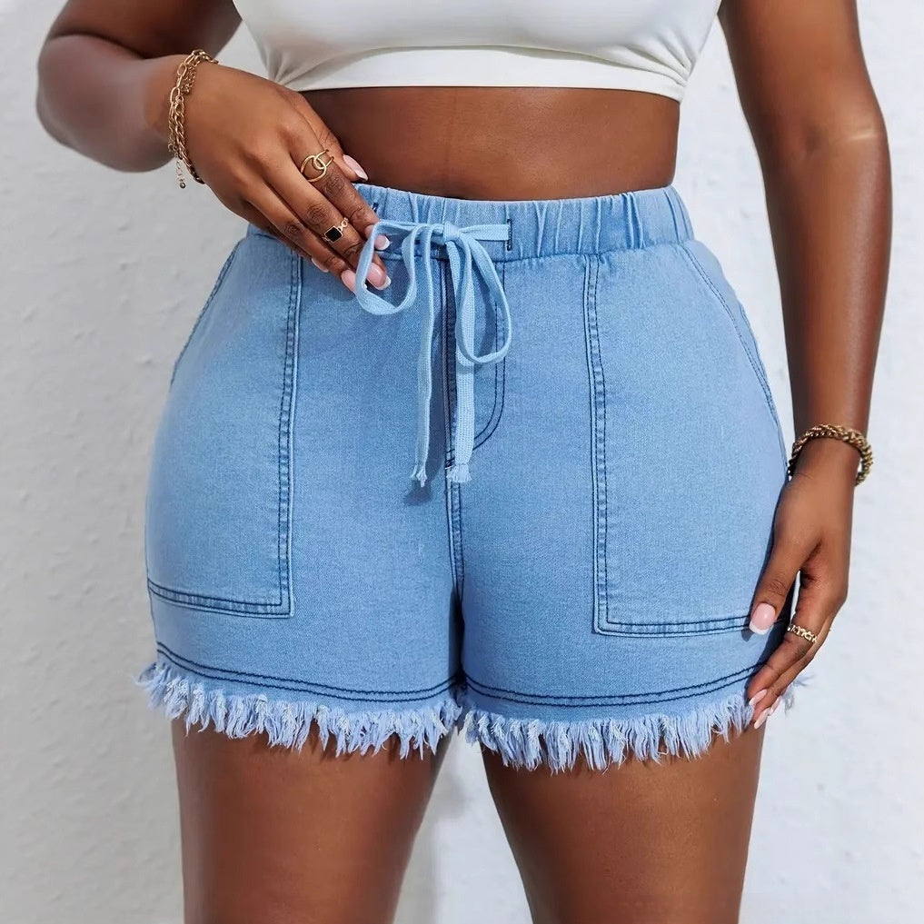 Womens High-Waisted Denim Shorts With Elastic Waistband