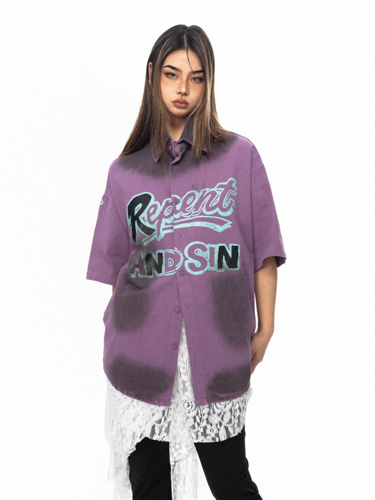 Wu Lekvar American Tie-dye Letter Print Shirt