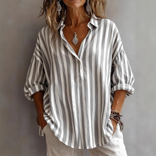 Womens Loose-fitting Striped Long-sleeve Pullover Shirt
