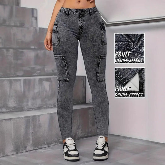 Elegant Touch Wash Jeans With Multi-stretch Fabric And Digital Denim-look Print