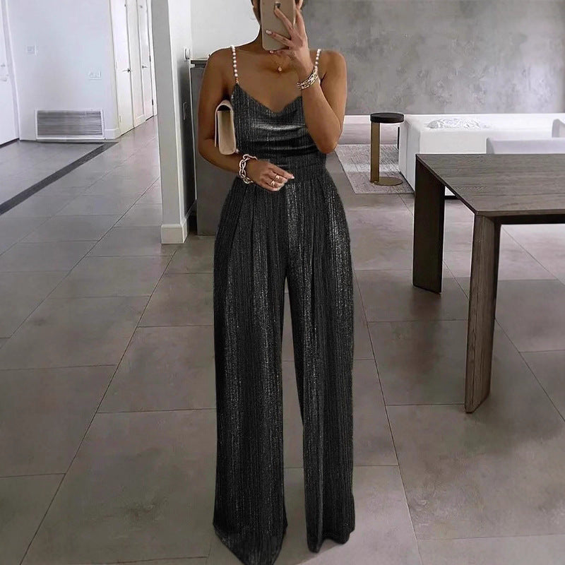 Off-the-shoulder Beaded Pleated Jumpsuit Women's Street