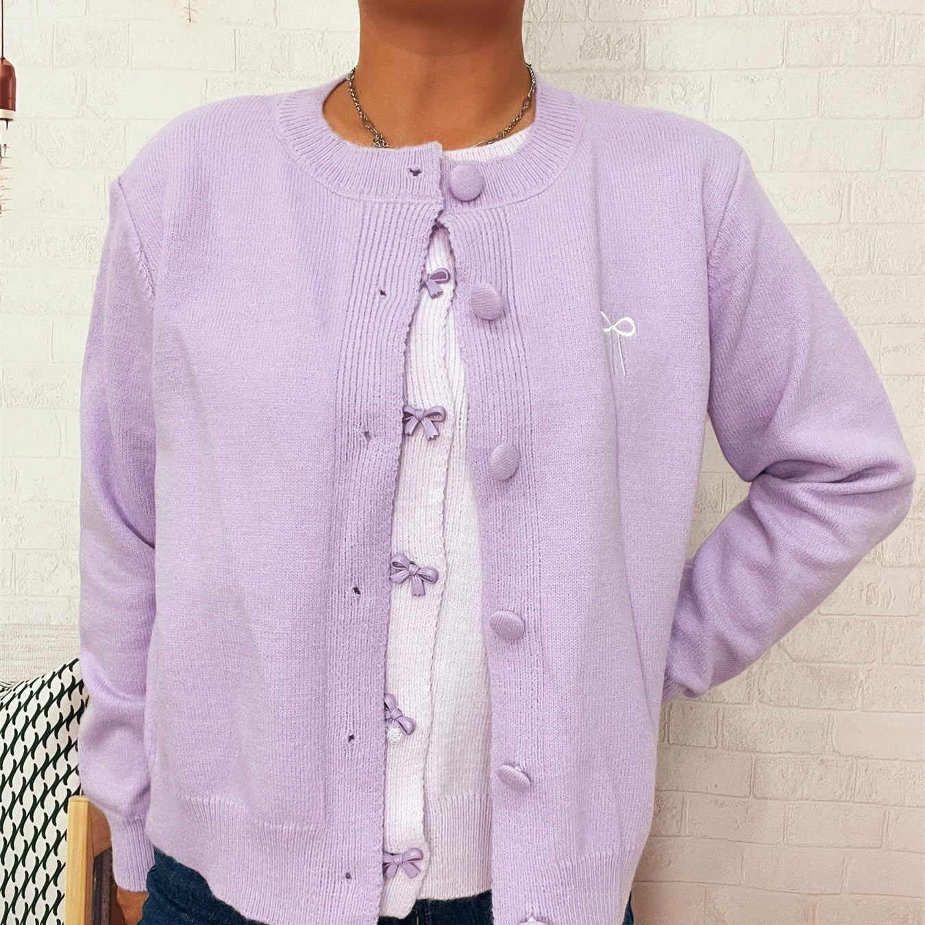 Two-piece Bow Embroidered Button Knitted Sweater Cardigan For Women
