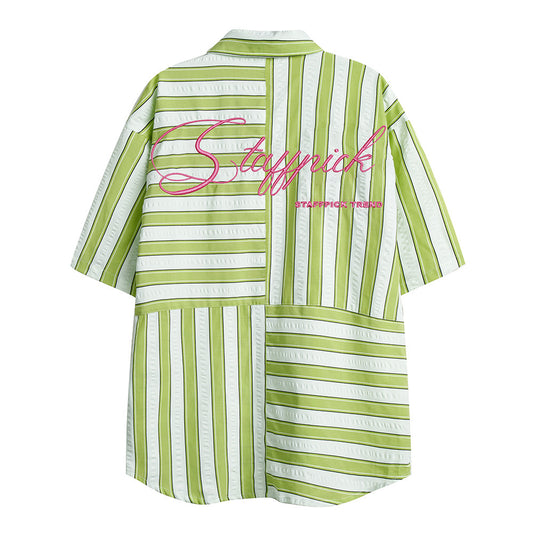 Men's Summer Leisure American-style Embroidered Striped Short-sleeved Shirt