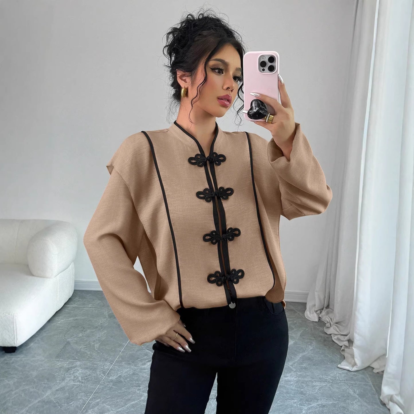 Womens Chinese-knot Ethnic-style Long-sleeve Blouse