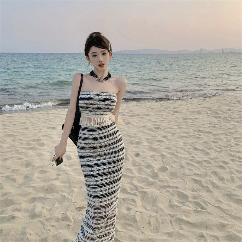 Womens Elegant Fringe-Trimmed Tube Top And Skirt Set