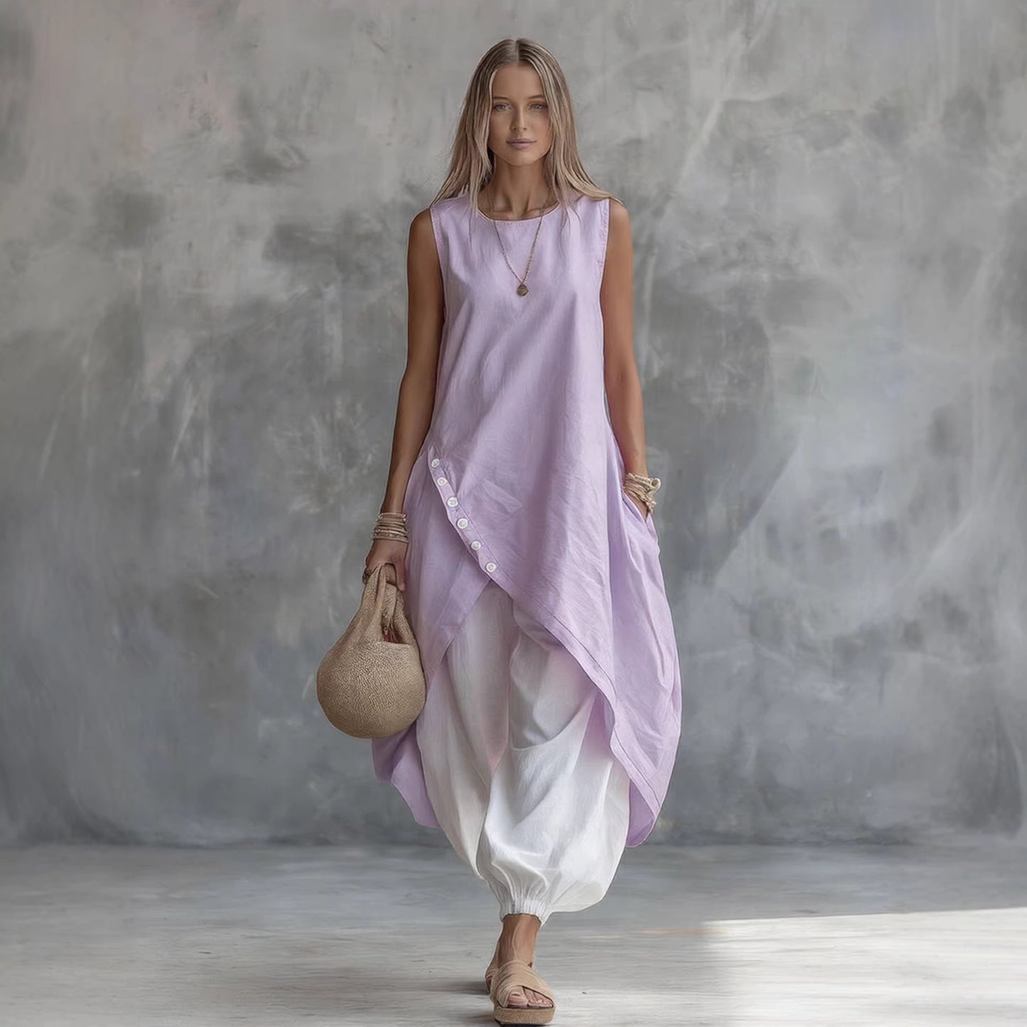 Solid-color Sleeveless Loose-fit Dress With Patch Pockets