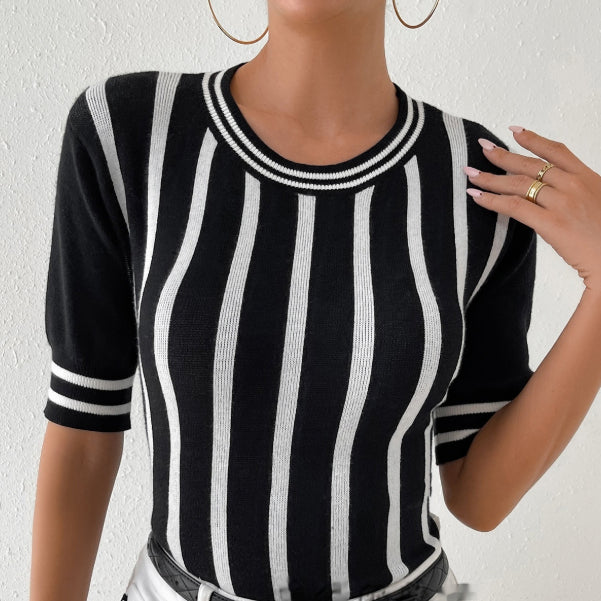 SpringSummer New Womens Striped Short-Sleeve Fashion Top Knit Sweater