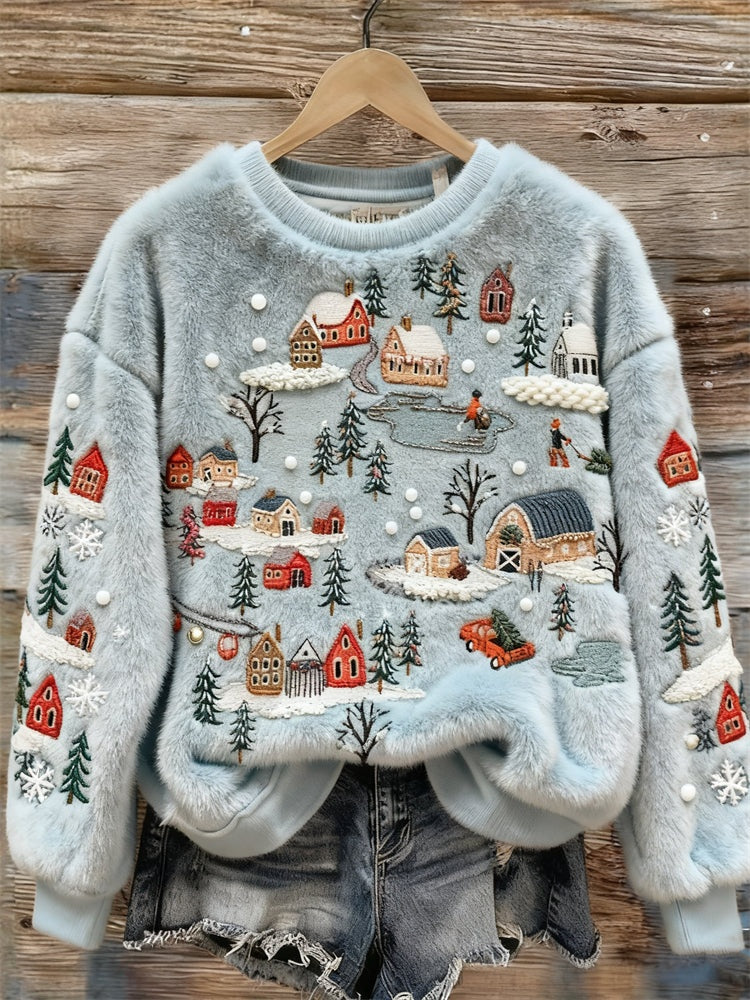 Womens 3D DigitalPrint Flannel Crewneck Sweatshirt For FallWinter
