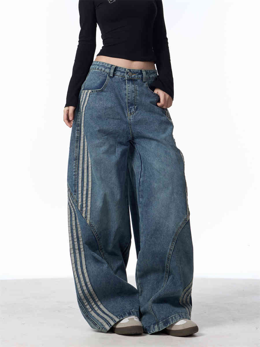 Retro Washed Jeans Women's Striped Stitching Wide-leg Pants
