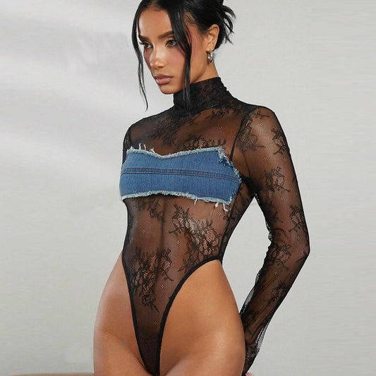 Sexy Long Sleeve Turtleneck See-through Denim Lace Color Matching Jumpsuit
