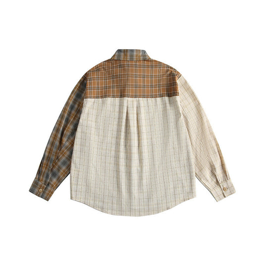 American Retro Irregular Stitching Contrast Color Check Long Sleeve Shirt