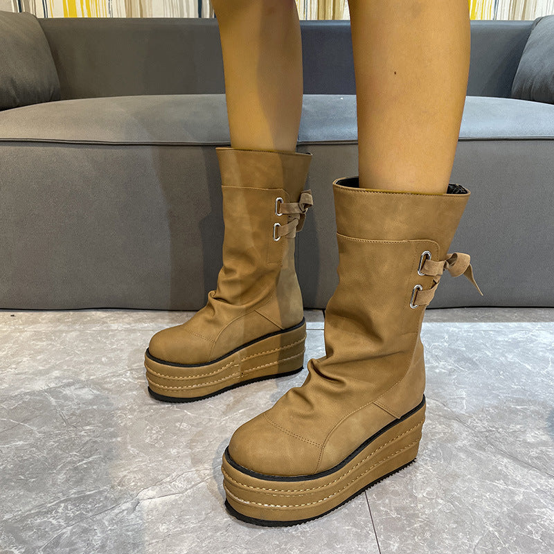 New Thick Sole Raised Round Toe Plus Size Women's Boots